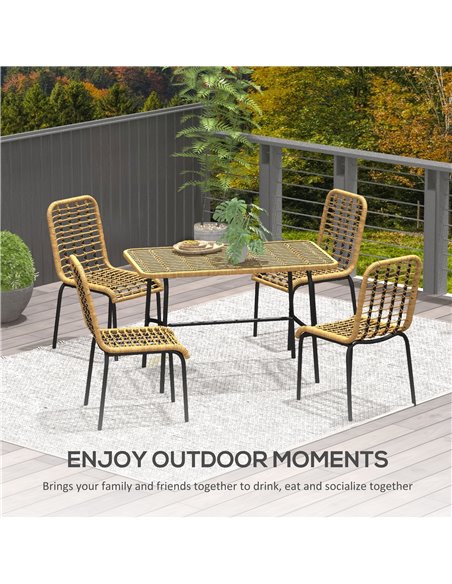 Outsunny 5 Pcs Rattan Outdoor Dining Set Patio Conservatory w/ Tempered Glass Tabletop Hollowed-out Design - Natural Wood Finish - pic 65737 | FastDaddyshop