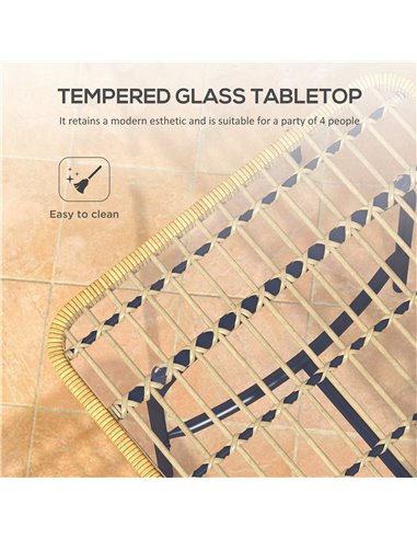 Outsunny 5 Pcs Rattan Outdoor Dining Set Patio Conservatory w/ Tempered Glass Tabletop Hollowed-out Design - Natural Wood Finish