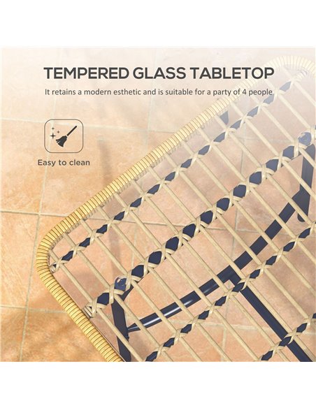 Outsunny 5 Pcs Rattan Outdoor Dining Set Patio Conservatory w/ Tempered Glass Tabletop Hollowed-out Design - Natural Wood Finish - pic 65738 | FastDaddyshop