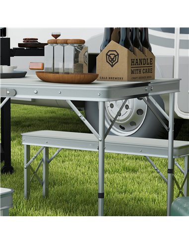 Outsunny Picnic Table Set, Foldable Camping Aluminium Table with 2 Benches, Lightweight for Garden, Party, BBQ, Silver A20-415V0