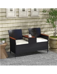 Outsunny Two-Seat Rattan Loveseat, with Wood-Top Middle Table - Black 867-215V00BK 2