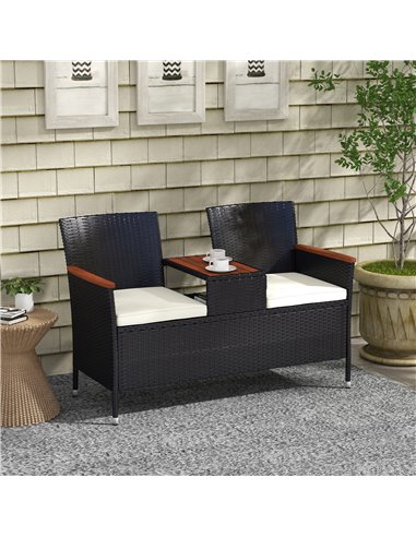 Outsunny Two-Seat Rattan Loveseat, with Wood-Top Middle Table - Black 867-215V00BK