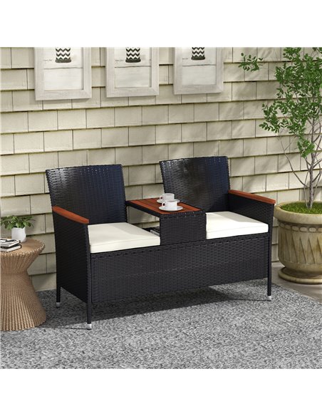Outsunny Two-Seat Rattan Loveseat, with Wood-Top Middle Table - Black 867-215V00BK - pic 65780 | FastDaddyshop