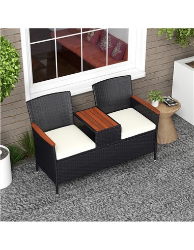 Outsunny Two-Seat Rattan Loveseat, with Wood-Top Middle Table - Black 867-215V00BK