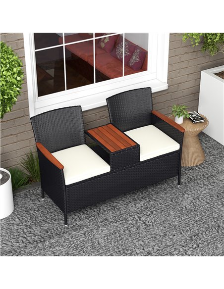 Outsunny Two-Seat Rattan Loveseat, with Wood-Top Middle Table - Black 867-215V00BK - pic 65785 | FastDaddyshop