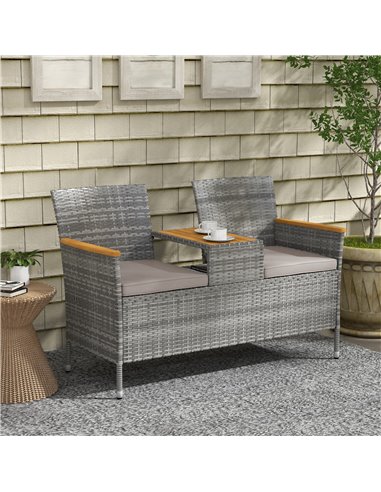 Outsunny Two-Seat Rattan Loveseat, with Wood-Top Middle Table - Grey 867-215V00GY