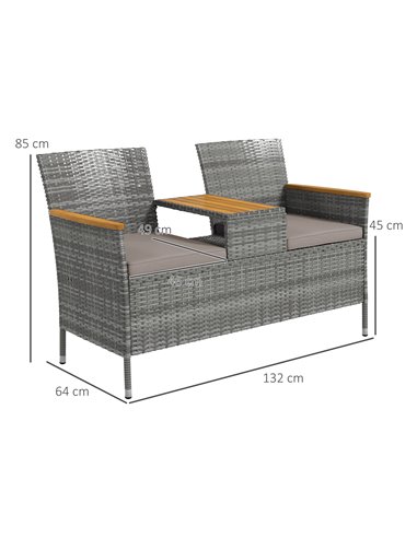 Outsunny Two-Seat Rattan Loveseat, with Wood-Top Middle Table - Grey 867-215V00GY