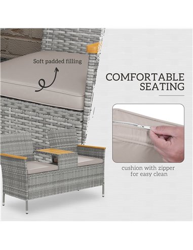 Outsunny Two-Seat Rattan Loveseat, with Wood-Top Middle Table - Grey 867-215V00GY
