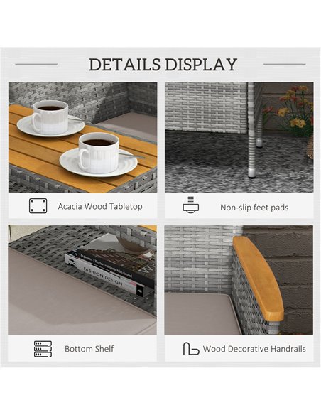 Outsunny Two-Seat Rattan Loveseat, with Wood-Top Middle Table - Grey 867-215V00GY - pic 65793 | FastDaddyshop