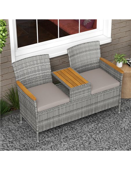 Outsunny Two-Seat Rattan Loveseat, with Wood-Top Middle Table - Grey 867-215V00GY - pic 65794 | FastDaddyshop