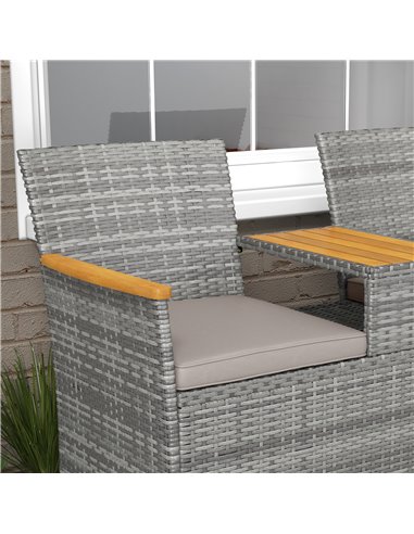 Outsunny Two-Seat Rattan Loveseat, with Wood-Top Middle Table - Grey 867-215V00GY