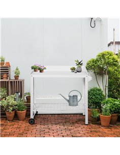 Outsunny Garden Outdoor Metal Potting Table Bench Planting Workstation Push Cart with Wheels Side Hanger - White 845-316 2