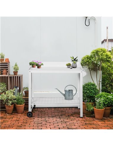 Outsunny Garden Outdoor Metal Potting Table Bench Planting Workstation Push Cart with Wheels Side Hanger - White 845-316