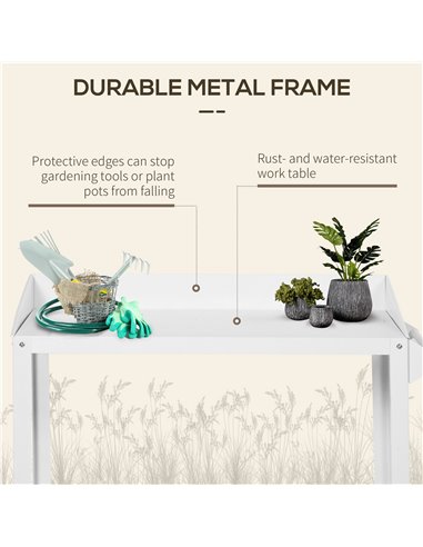 Outsunny Garden Outdoor Metal Potting Table Bench Planting Workstation Push Cart with Wheels Side Hanger - White 845-316