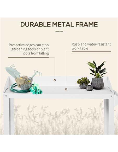 Outsunny Garden Outdoor Metal Potting Table Bench Planting Workstation Push Cart with Wheels Side Hanger - White 845-316 - pic 65800 | FastDaddyshop