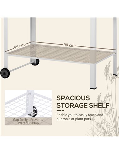 Outsunny Garden Outdoor Metal Potting Table Bench Planting Workstation Push Cart with Wheels Side Hanger - White 845-316