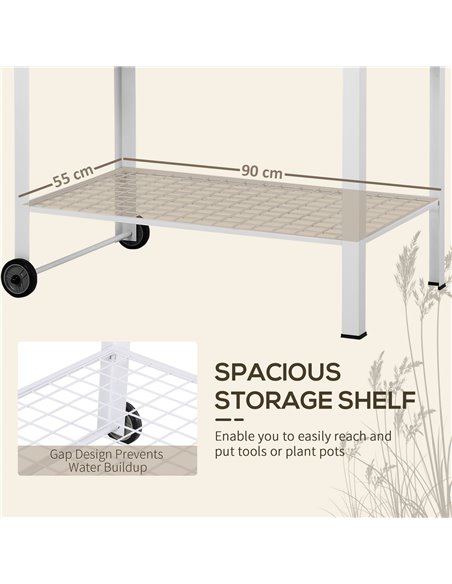 Outsunny Garden Outdoor Metal Potting Table Bench Planting Workstation Push Cart with Wheels Side Hanger - White 845-316 - pic 65801 | FastDaddyshop