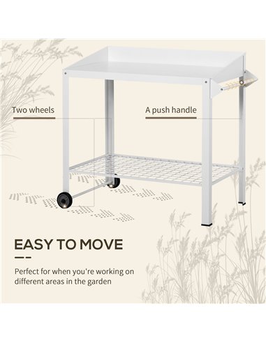 Outsunny Garden Outdoor Metal Potting Table Bench Planting Workstation Push Cart with Wheels Side Hanger - White 845-316