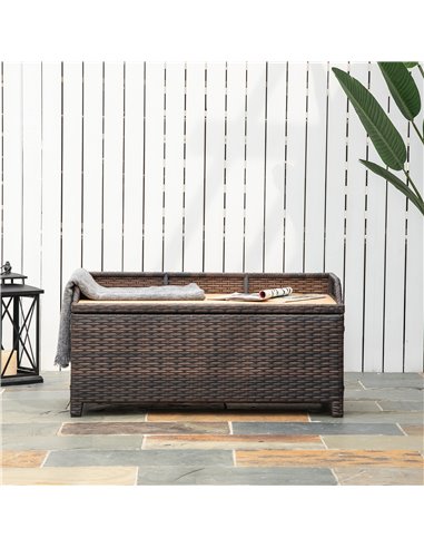 Outsunny Rattan Wicker Outdoor Storage Bench with Cushion, Brown, Patio PE Rattan, Elegant Seating and Storage Solution 841-153