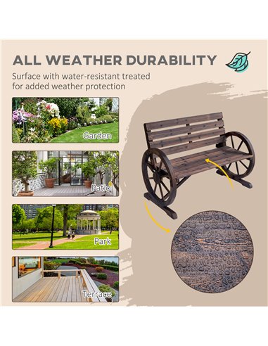 Outsunny 2 Seater Garden Bench with Wooden Cart Wagon Wheel Rustic High Back Brown 84B-183