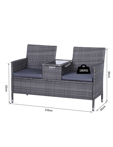 Outsunny Garden Rattan 2 Seater Companion Seat Wicker Love Seat Weave Partner Bench with Cushions Patio Outdoor Furniture - Grey