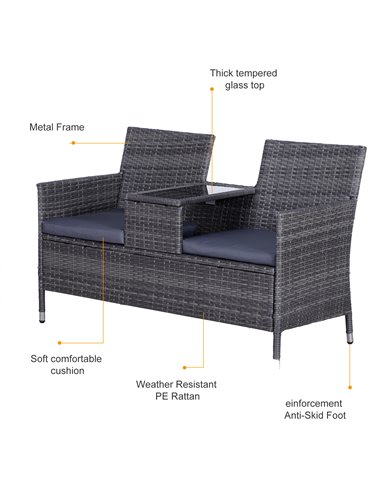 Outsunny Garden Rattan 2 Seater Companion Seat Wicker Love Seat Weave Partner Bench with Cushions Patio Outdoor Furniture - Grey