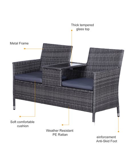 Outsunny Garden Rattan 2 Seater Companion Seat Wicker Love Seat Weave Partner Bench with Cushions Patio Outdoor Furniture - Grey - pic 65890 | FastDaddyshop