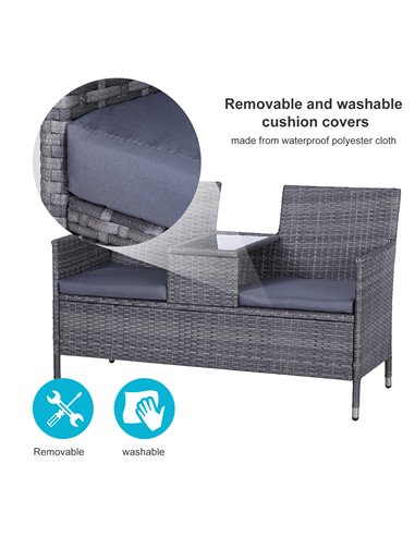 Outsunny Garden Rattan 2 Seater Companion Seat Wicker Love Seat Weave Partner Bench with Cushions Patio Outdoor Furniture - Grey