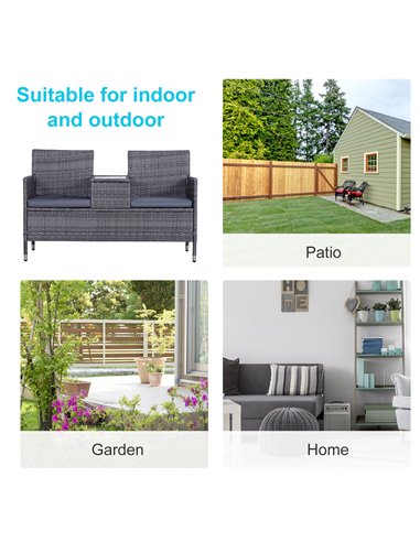 Outsunny Garden Rattan 2 Seater Companion Seat Wicker Love Seat Weave Partner Bench with Cushions Patio Outdoor Furniture - Grey