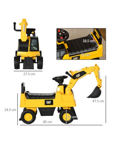 HOMCOM Licensed CAT Kids Ride on Digger Excavator with Manual Bucket, Toddler Pretend Construction Play Toy with Horn Under Seat