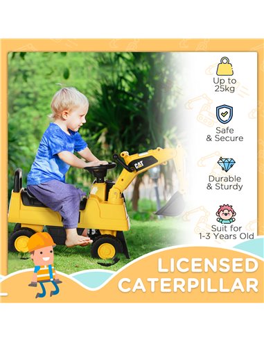 HOMCOM Licensed CAT Kids Ride on Digger Excavator with Manual Bucket, Toddler Pretend Construction Play Toy with Horn Under Seat