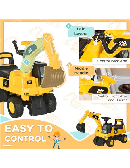 HOMCOM Licensed CAT Kids Ride on Digger Excavator with Manual Bucket, Toddler Pretend Construction Play Toy with Horn Under Seat - pic 6592 | FastDaddyshop