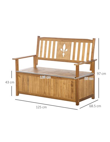Outsunny 2 Seater Wood Garden Storage Bench, Outdoor Storage Box, Patio Seating Furniture, 125 x 68.5 x 97cm, Natural 84B-740ND