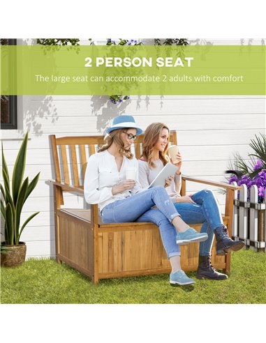 Outsunny 2 Seater Wood Garden Storage Bench, Outdoor Storage Box, Patio Seating Furniture, 125 x 68.5 x 97cm, Natural 84B-740ND