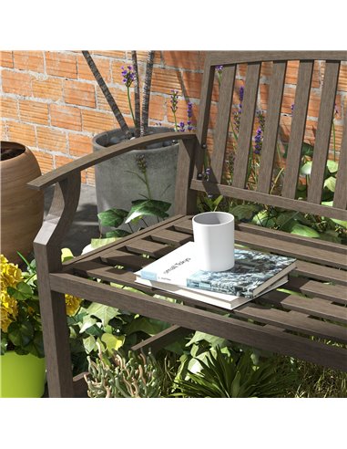 Outsunny Metal Garden Bench with Slatted Seat, Backrest, and Curved Armrests for Conservatory, Poolside, or Deck, Brown 84G-247V