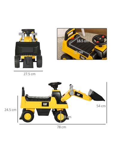 HOMCOM Licensed CAT Kids Construction Ride on with Manual Bucket, Toddler Digger Excavator with Horn Under Seat Storage, Foot to