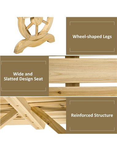 Outsunny 2-Person Garden Bench Rustic Wooden Outdoor Bench with Wheel-Shaped Legs Slatted Seat for Patio Natural Wood Effect 84B