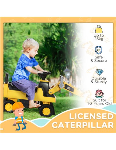 HOMCOM Licensed CAT Kids Construction Ride on with Manual Bucket, Toddler Digger Excavator with Horn Under Seat Storage, Foot to