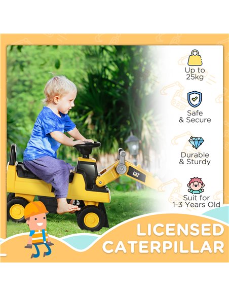 HOMCOM Licensed CAT Kids Construction Ride on with Manual Bucket, Toddler Digger Excavator with Horn Under Seat Storage, Foot to - pic 6599 | FastDaddyshop