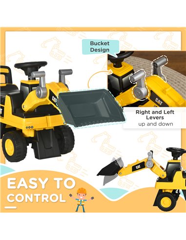 HOMCOM Licensed CAT Kids Construction Ride on with Manual Bucket, Toddler Digger Excavator with Horn Under Seat Storage, Foot to