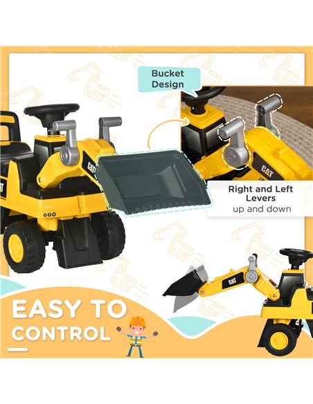 HOMCOM Licensed CAT Kids Construction Ride on with Manual Bucket, Toddler Digger Excavator with Horn Under Seat Storage, Foot to - pic 6600 | FastDaddyshop