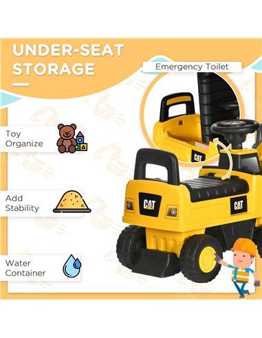 HOMCOM Licensed CAT Kids Construction Ride on with Manual Bucket, Toddler Digger Excavator with Horn Under Seat Storage, Foot to