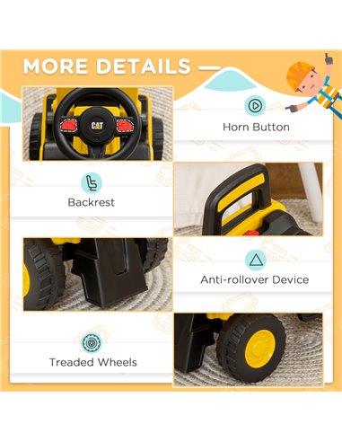 HOMCOM Licensed CAT Kids Construction Ride on with Manual Bucket, Toddler Digger Excavator with Horn Under Seat Storage, Foot to
