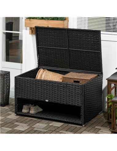 Outsunny Rattan Effect Garden Storage Box, Weatherproof Outdoor Deck Box with Shoe Shelf, Black 865-010V00BK