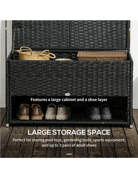 Outsunny Rattan Effect Garden Storage Box, Weatherproof Outdoor Deck Box with Shoe Shelf, Black 865-010V00BK - pic 66025 | FastDaddyshop
