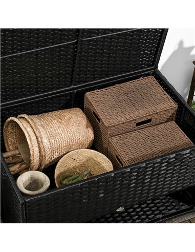 Outsunny Rattan Effect Garden Storage Box, Weatherproof Outdoor Deck Box with Shoe Shelf, Black 865-010V00BK