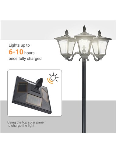 Outsunny 3-Solar Powered Lamp Post, IP44, 51.5Lx47Wx182.5H cm-Black 842-109
