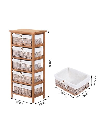 HOMCOM 5 Drawer Dresser Wicker Basket Storage Shelf Unit Wooden Frame Home Organisation Cabinet Bedroom Office Furniture Natural