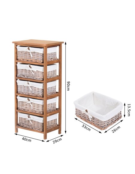 HOMCOM 5 Drawer Dresser Wicker Basket Storage Shelf Unit Wooden Frame Home Organisation Cabinet Bedroom Office Furniture Natural - pic 6617 | FastDaddyshop