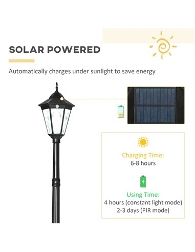 Outsunny Garden Lamp Post Light 2.4 m, LED Solar Powered with Aluminium Frame, PIR Motion Sensor, Black B30-029V00BK